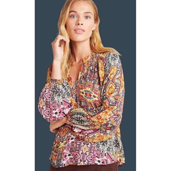 Kachel X Anthropologie Ambrosia Peasant Blouse keyhole tassel tie women’s M - Picture 1 of 11